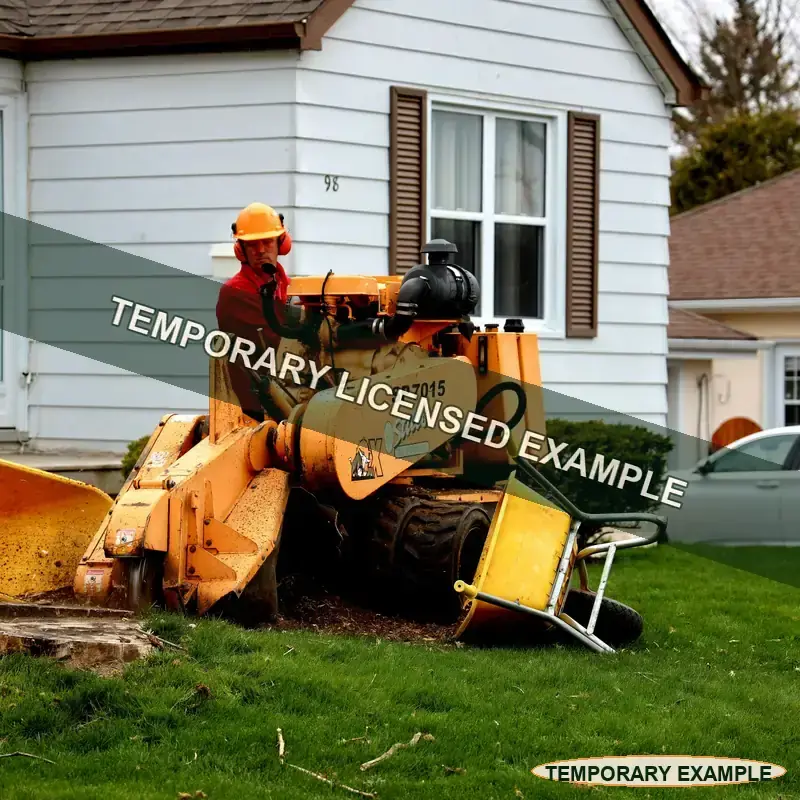 Temporary licensed example of a stump grinder working beside a residential home
